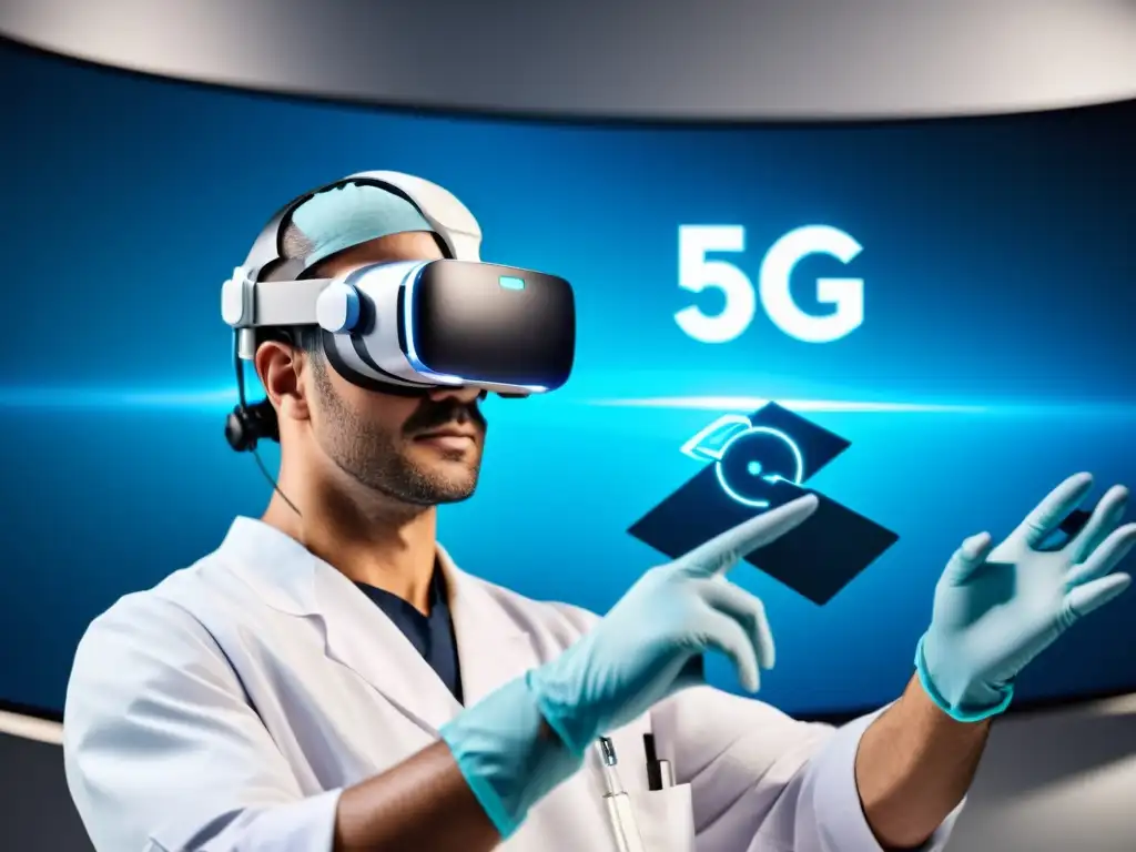 Un cirujano usando realidad virtual y herramientas quirúrgicas robóticas, con un símbolo futurista de red 5G