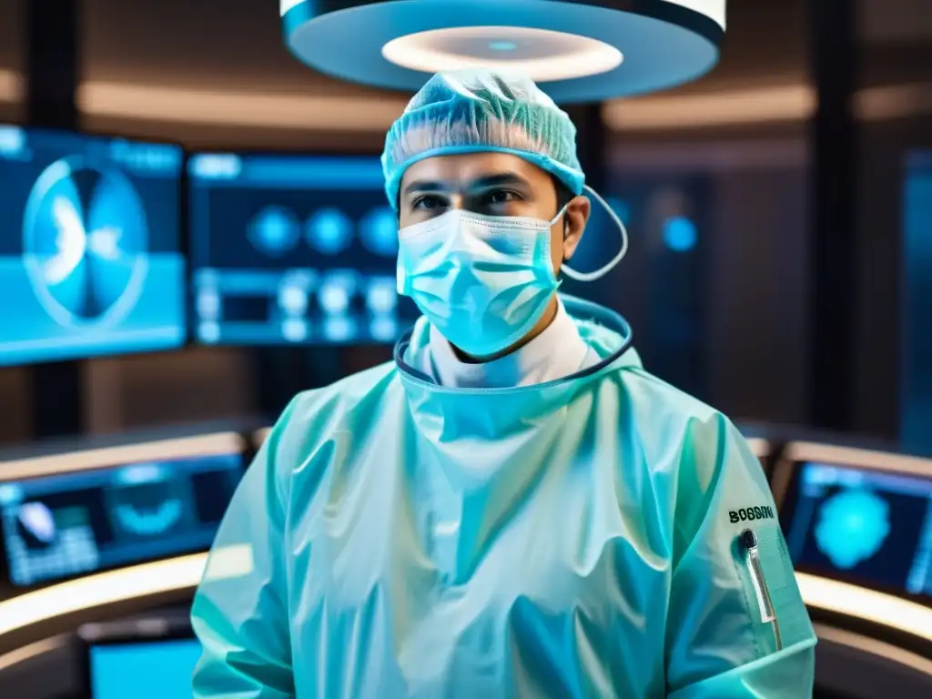 Telesalud 5G: Cirugía futurista de precisión Un cirujano realiza una telecirugía con 5G para diagnósticos en un quirófano futurista, rodeado de tecnología avanzada y equipo médico