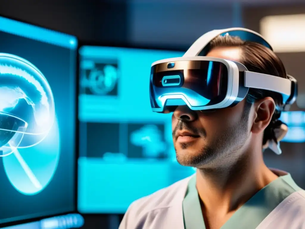 Realidad mixta en cirugía: precisión y tecnología Un cirujano con visor de realidad mixta realiza una operación, mostrando la integración de la RA en medicina