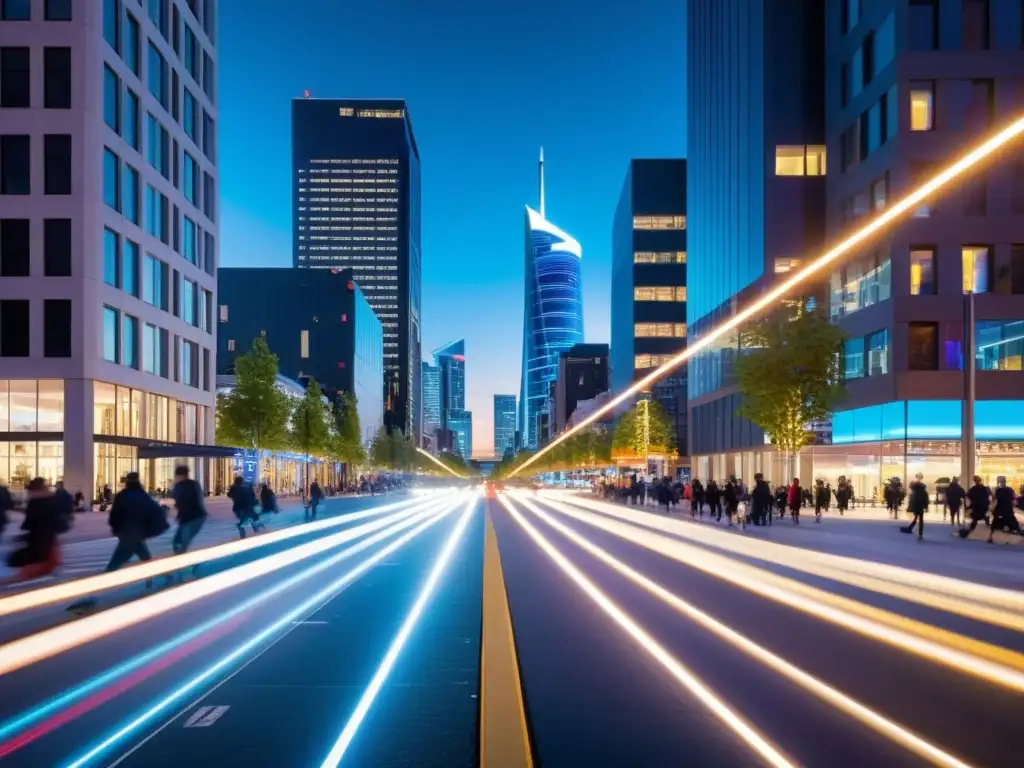 Una ciudad bulliciosa de noche, iluminada por la suave luz de las farolas inteligentes y los vehículos IoT conectados