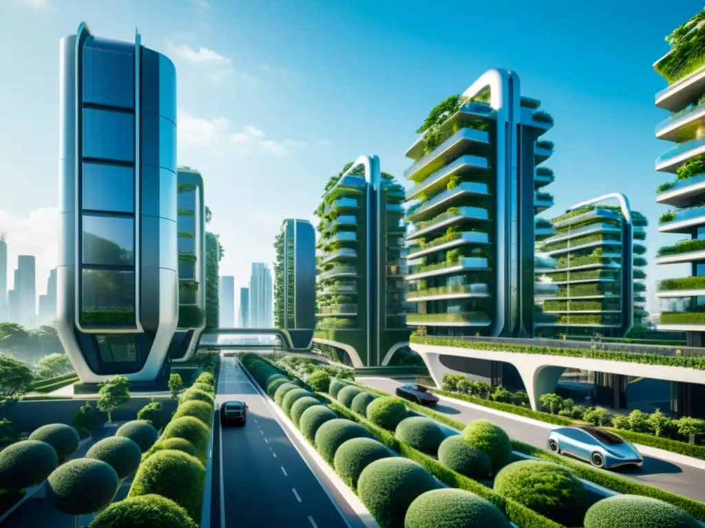 Una ciudad futurista con arquitectura sostenible y naturaleza integrada