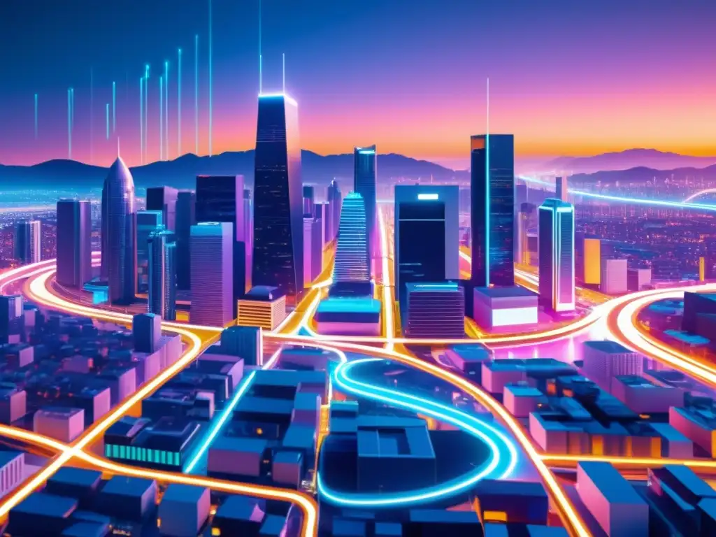 La ilustración muestra una ciudad futurista con edificios interconectados y tecnología AI, bañada en luces de neón