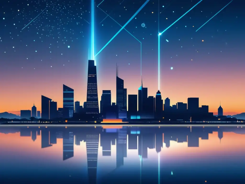 Una ciudad futurista con edificios reflectantes y senderos luminosos, en un cielo crepuscular estrellado