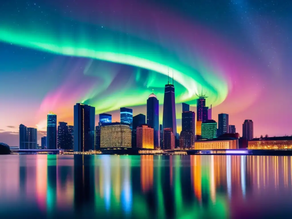 Espectacular ciudad futurista iluminada por luces neón y auroras boreales Una ciudad futurista iluminada por neón, reflejada en el río