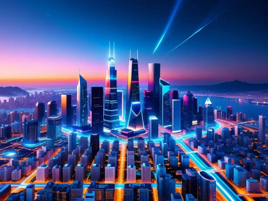 Una ciudad futurista iluminada por señales dinámicas de red 5G, con arquitectura minimalista