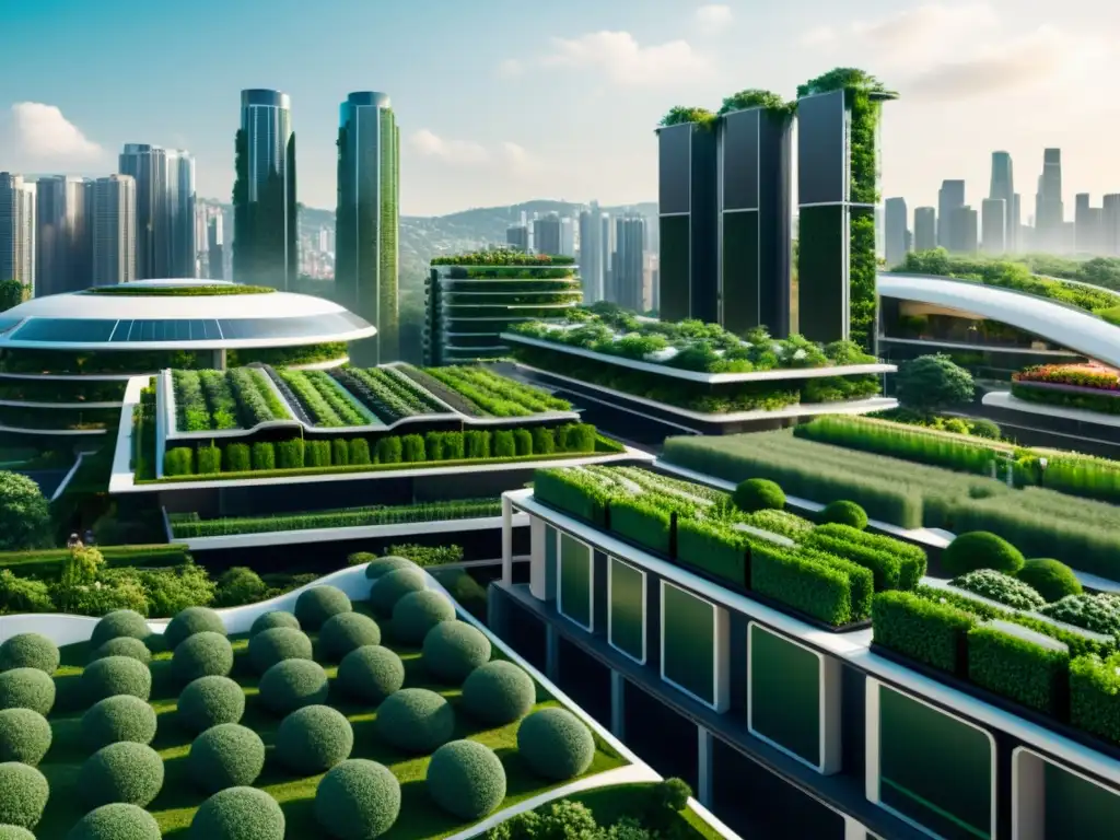 Una ciudad futurista integrada con vegetación, mostrando desarrollo de IA ética y equilibrio entre tecnología y naturaleza