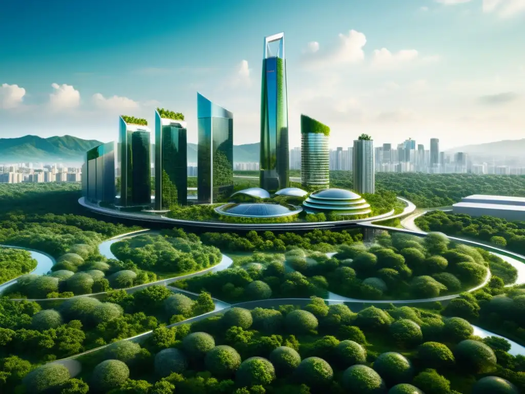 Una ciudad futurista y minimalista con edificios ecológicos integrados con vegetación, energía renovable y tecnología blockchain sostenible