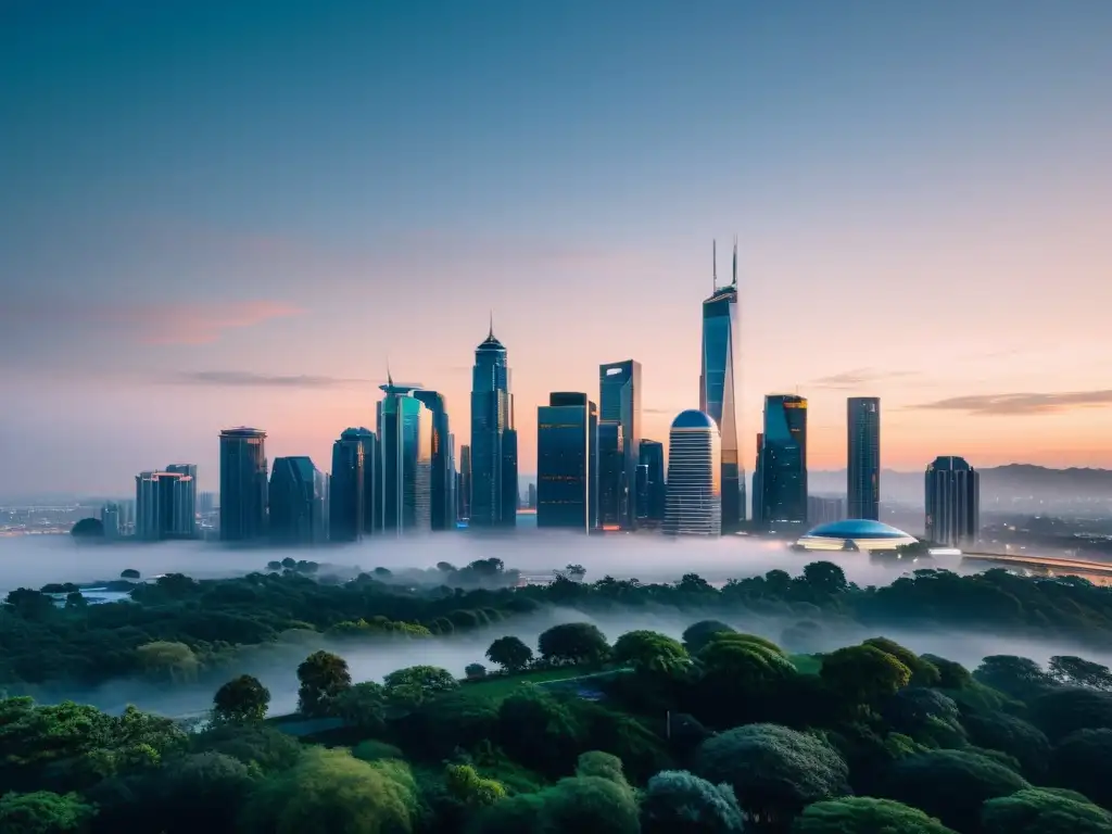 Una ciudad futurista en armonía con la naturaleza, iluminada por la cálida luz del atardecer