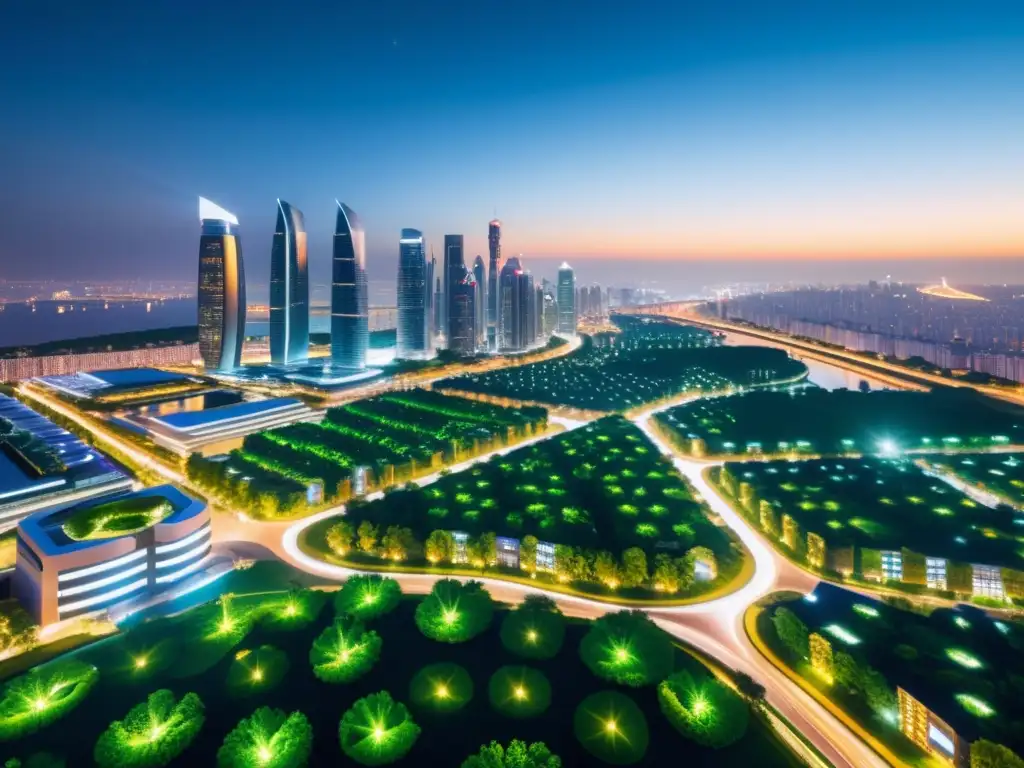 Futurismo sostenible: Ciudad nocturna ecoeficiente Una ciudad futurista de noche con rascacielos minimalistas iluminados por luces LED vibrantes y eficientes energéticamente
