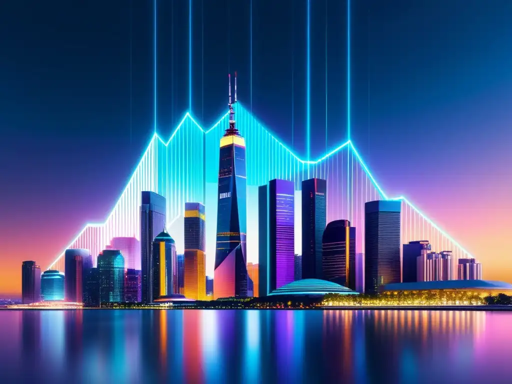Skyline futurista: innovación tecnológica y datos Una ciudad futurista con rascacielos interconectados y una pantalla digital vibrante, iluminada con un suave resplandor ambiental