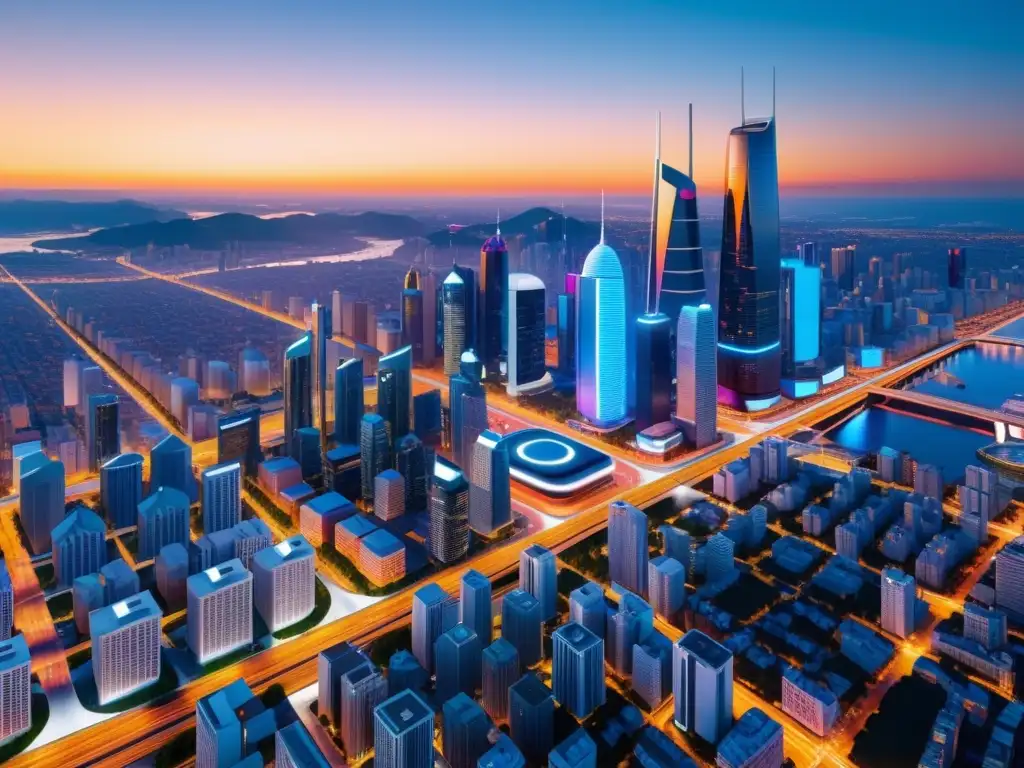 Una ciudad futurista con redes autónomas 5G integradas en su arquitectura, bañada en una cálida luz al atardecer