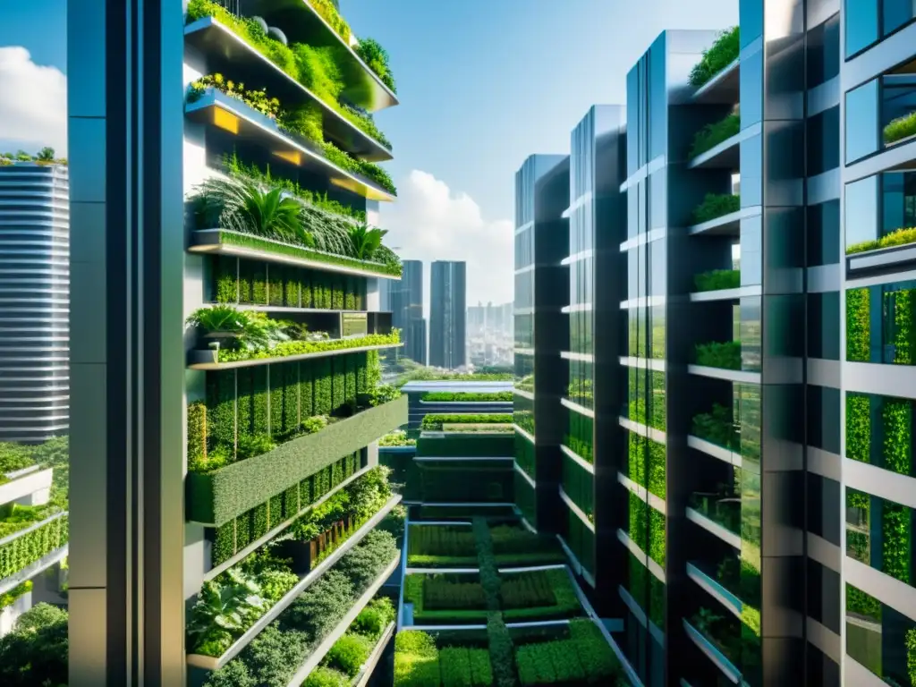 Una ciudad futurista con vegetación integrada en la arquitectura, que simboliza la fusión del big data y la legislación ambiental