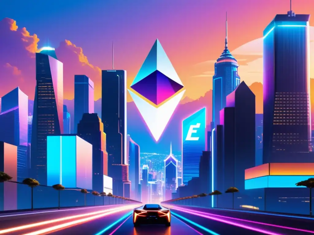 Una ciudad futurista vibrante con rascacielos, tecnología Ethereum 2