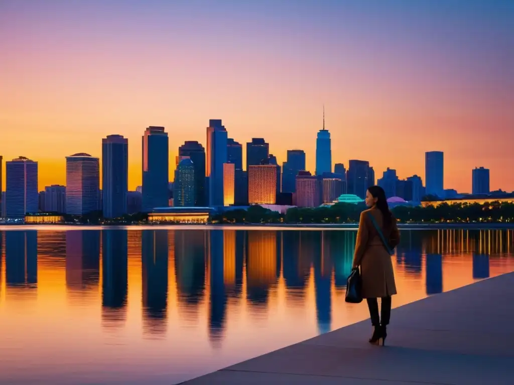 Una ciudad moderna al atardecer, con edificios silueteados y luces de la calle que crean una atmósfera serena y vibrante