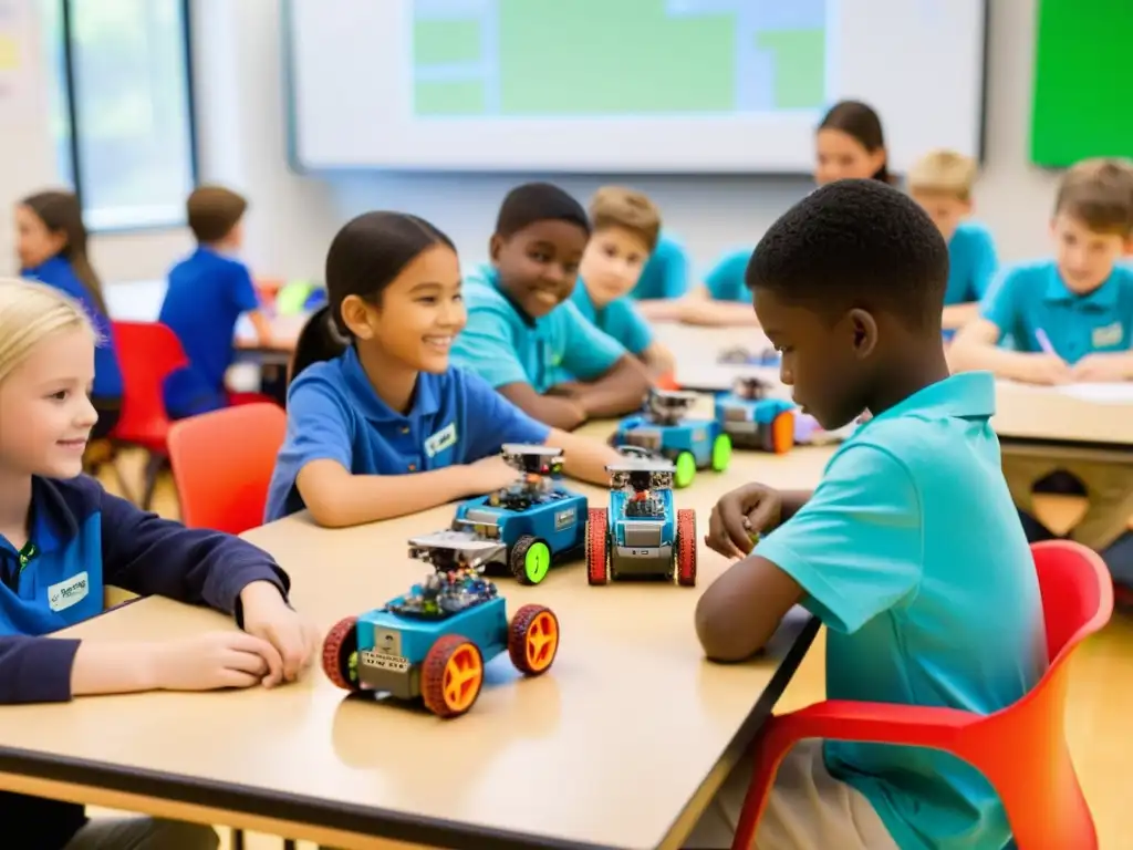 Clase de robótica educativa: estudiantes construyen y programan robots en un aula iluminada