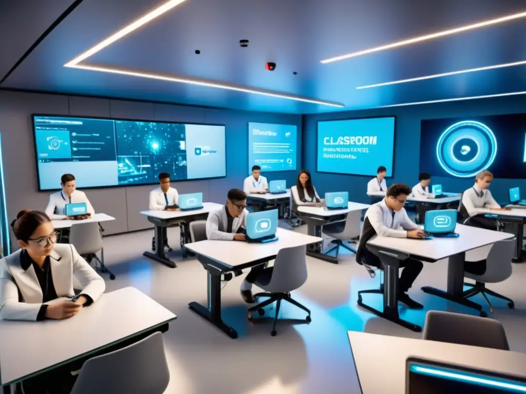 Clase de robótica ultradetallada con tecnología educativa de vanguardia Clase de robótica educativa con tecnologías emergentes, estudiantes enfocados en proyectos de robots en un ambiente inspirador y dinámico