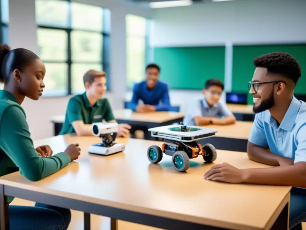 'Clase de robótica: estudiantes concentrados en actividades prácticas con modernos kits y el maestro interactuando