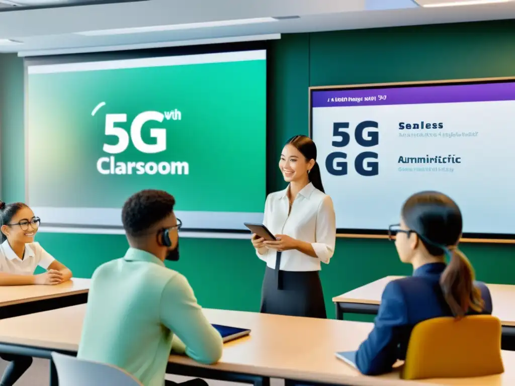 Clase futurista con redes 5G en educación digital: estudiantes y maestra usando dispositivos de alta tecnología y realidad aumentada