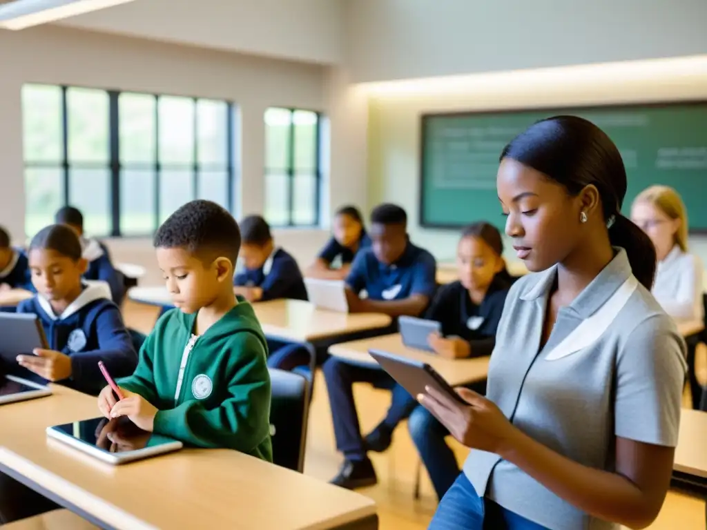 Clase luminosa con alumnos de diferentes edades y orígenes, inmersos en actividades personalizadas en tabletas