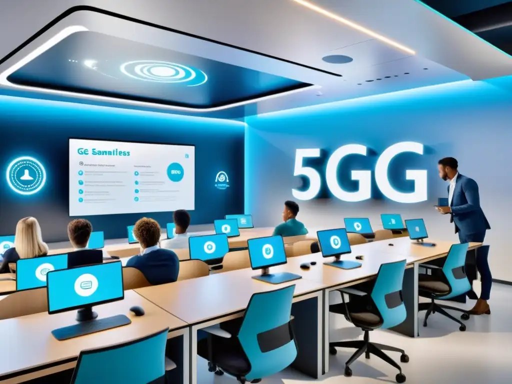 Clase moderna con estudiantes participando en actividades interactivas, integrando tecnología 5G para beneficios educativos del 5G