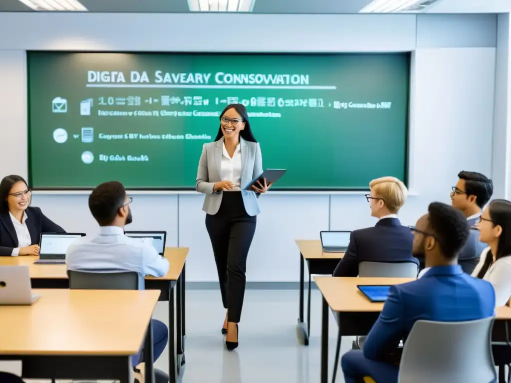 Clase moderna con estudiantes y tecnología, optimización sistemas educativos Big Data