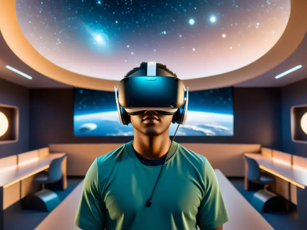 Clase de realidad virtual en astronomía educativa, estudiantes interactúan con simulaciones astronómicas en el espacio exterior