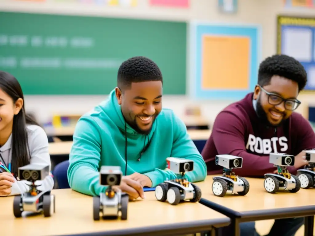 Clase de robótica en educación: estudiantes ensamblan y programan robots bajo la atenta mirada de su profesor, en un aula luminosa y colorida