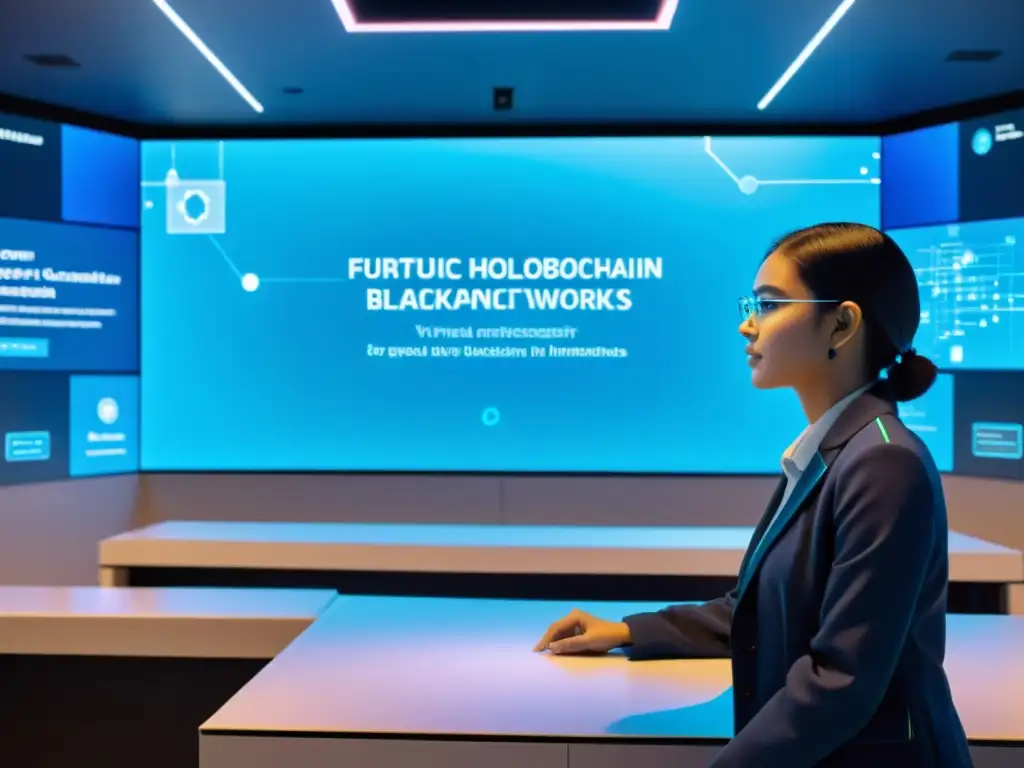 Clase virtual de Blockchain con hologramas interactivos, en ambiente futurista azul