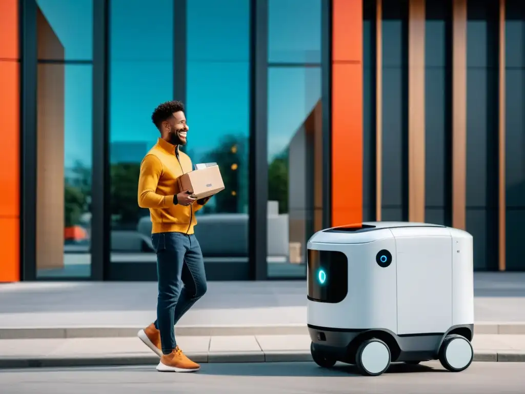 Un cliente sonriente recibe un paquete de un robot de entrega en un entorno urbano futurista