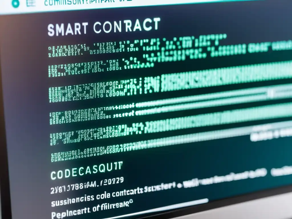 Closeup del código transparente de un contrato inteligente en la pantalla de una computadora, con líneas de código intrincadas y firmas digitales visibles, iluminado por un suave brillo futurista