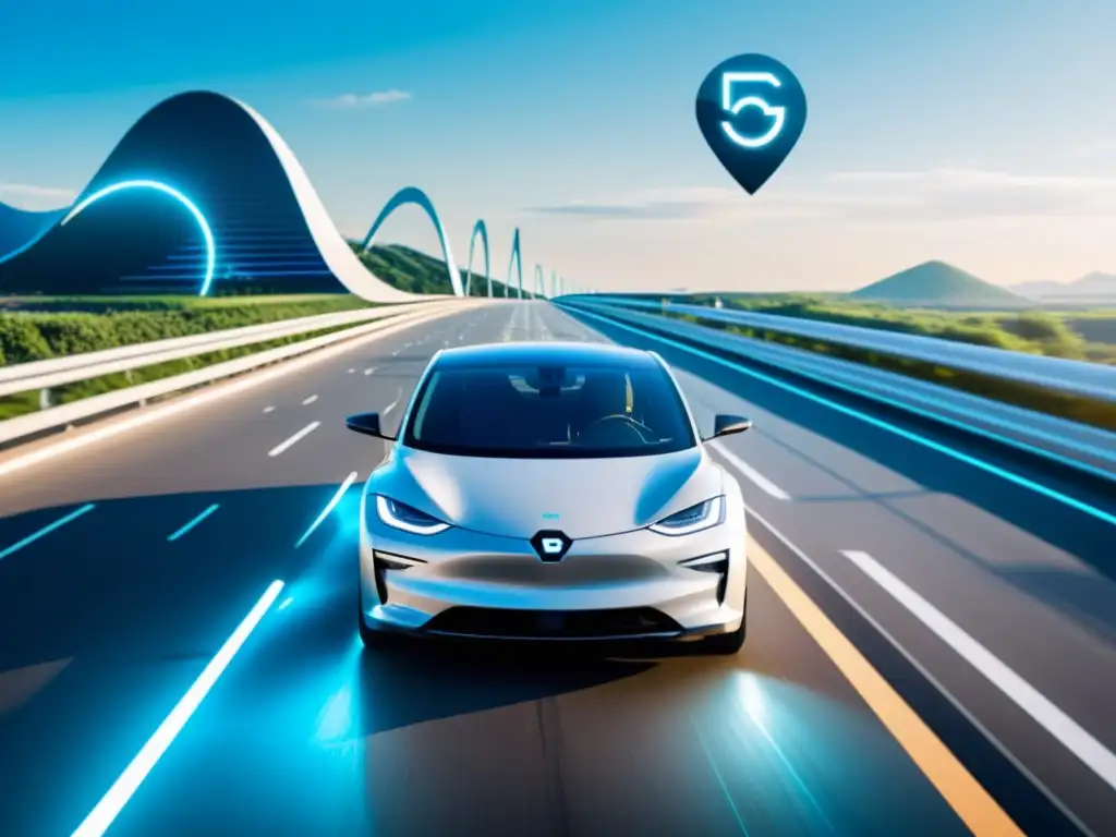 Un coche eléctrico moderno circula por una autopista futurista, mostrando la integración del 5G en vehículos ecológicos