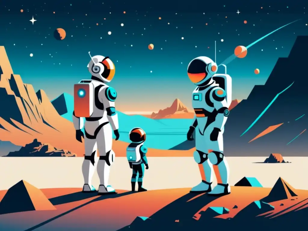 Colaboración humano-robot exploración espacial: Ilustración minimalista de un humano y un robot trabajando juntos en un entorno de exploración espacial futurista