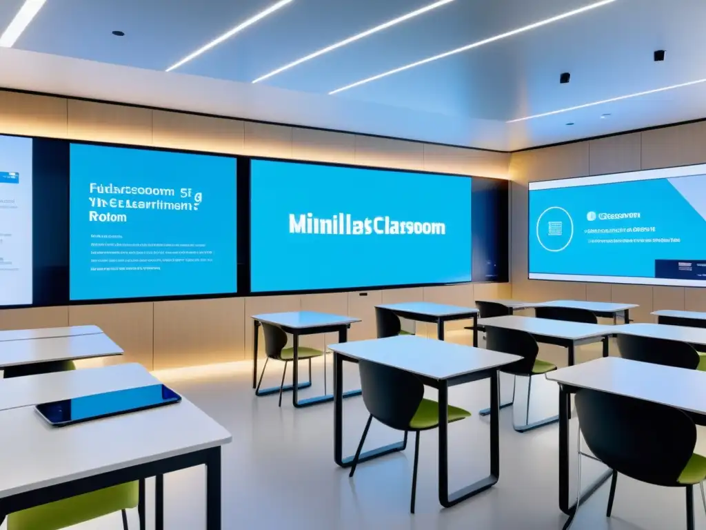 Colaboración Internacional en Educación 5G: Aula minimalista con tecnología futurista integrada, muebles modernos y pantallas digitales interactivas