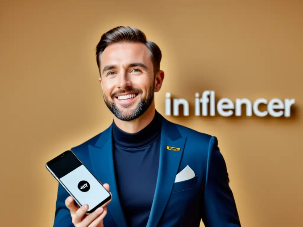 Colaboraciones influencers tecnología impulsan ventas: Influencer muestra producto tech moderno con naturalidad y sofisticación