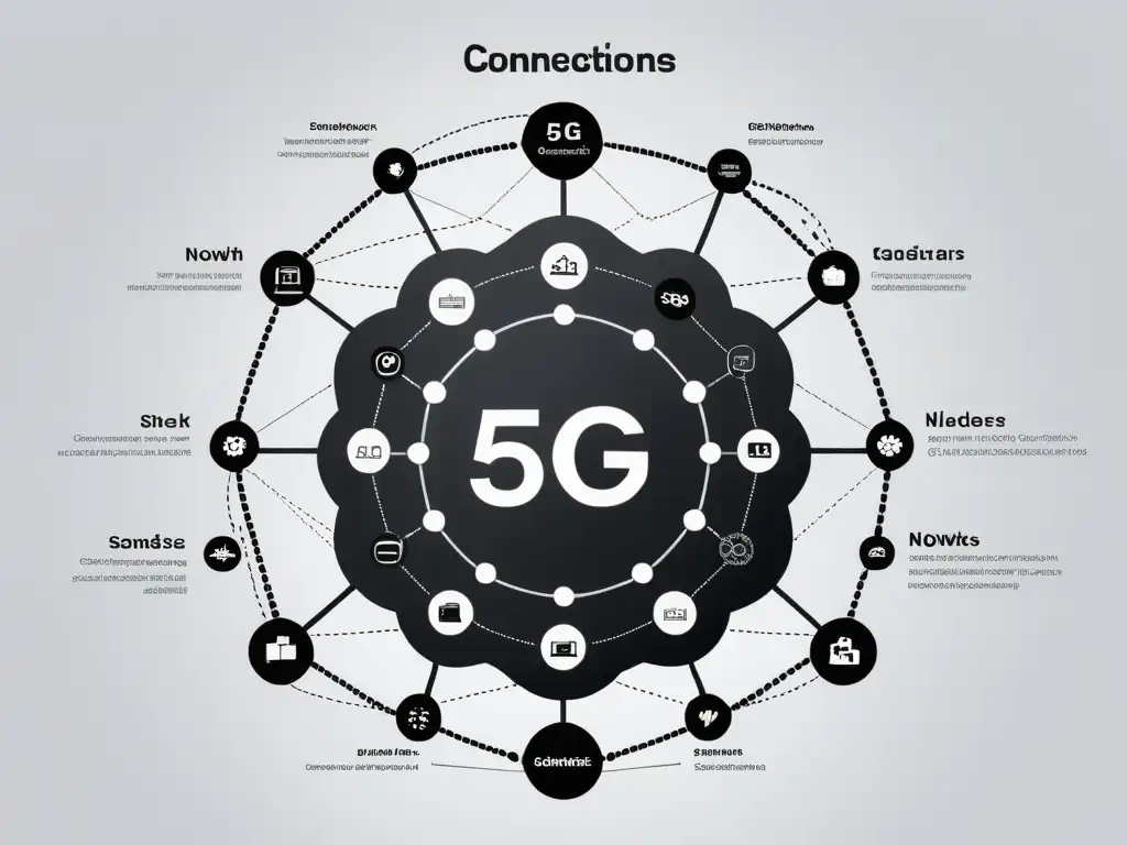 Compleja arquitectura de redes 5G tecnológico en elegante blanco y negro, con intrincadas conexiones y nodos interconectados