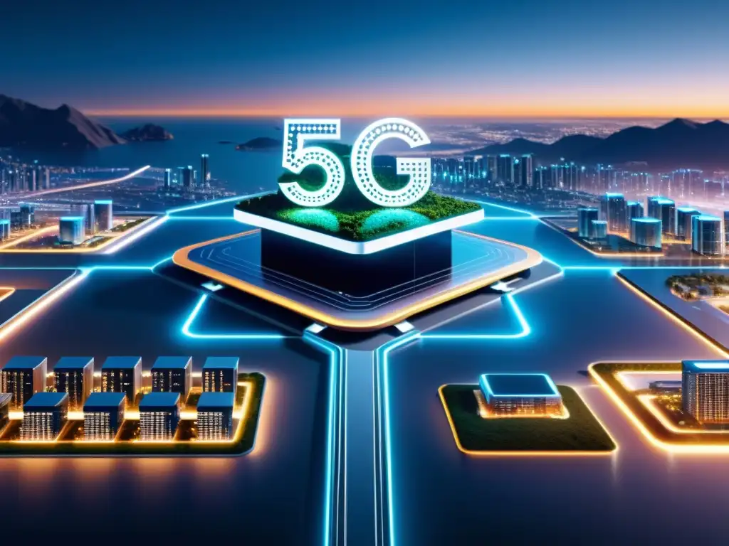 Compleja arquitectura de redes 5G tecnológico con nodos interconectados y flujo de datos avanzado en alta resolución