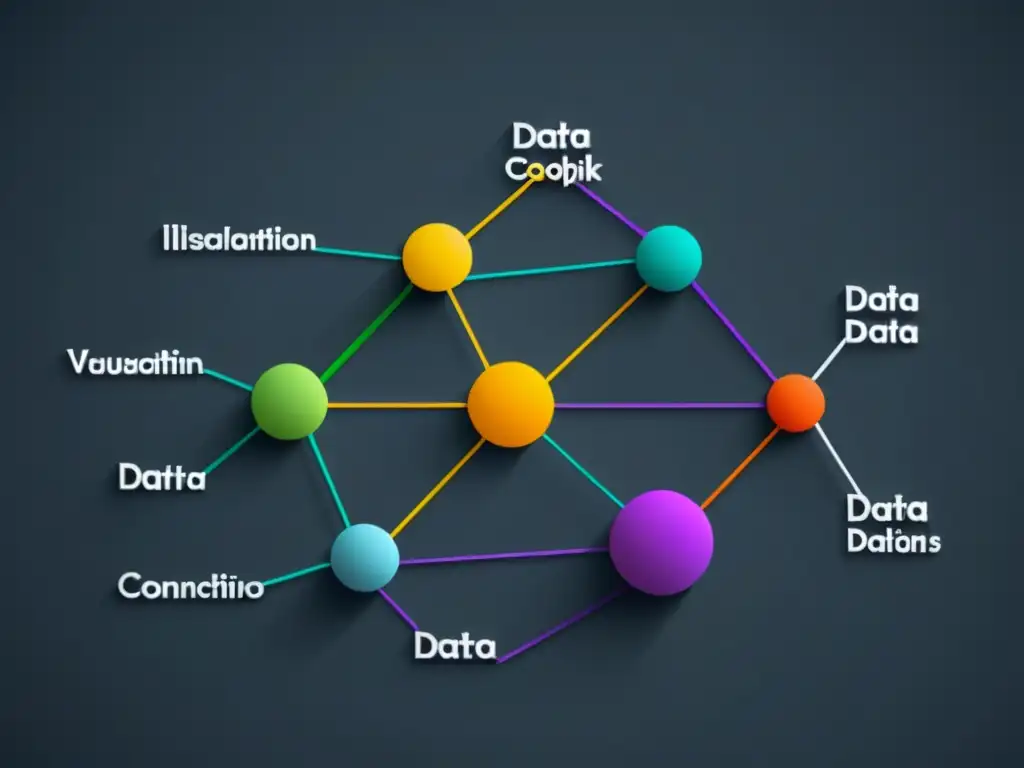 Compleja visualización de datos en gráfico de líneas y nodos, en tonos monocromáticos