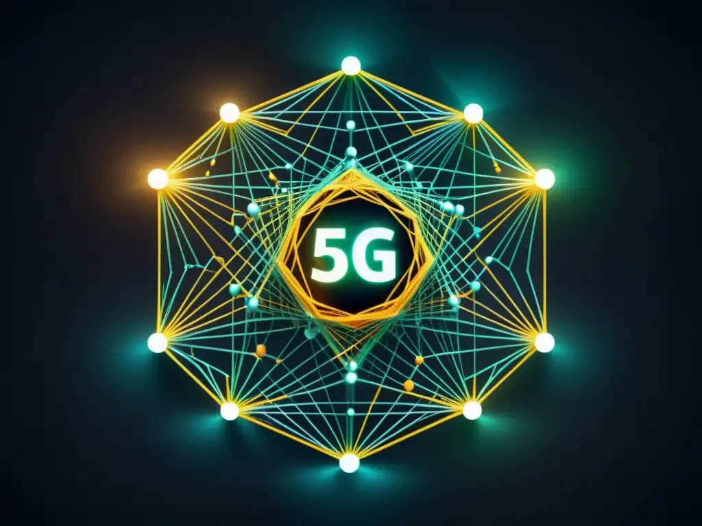 Compleja red de datos y conexiones 5G, con nodos vibrantes que representan el impacto de nuevas políticas en la gestión de datos y tecnología 5G