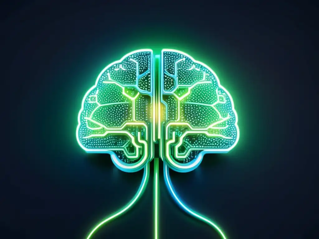 Brain digital futurista en 8k Compleja red de datos e IA en una imagen 8k futurista con luces azules y verdes vibrantes sobre fondo oscuro, evocando aplicaciones de big data y IA