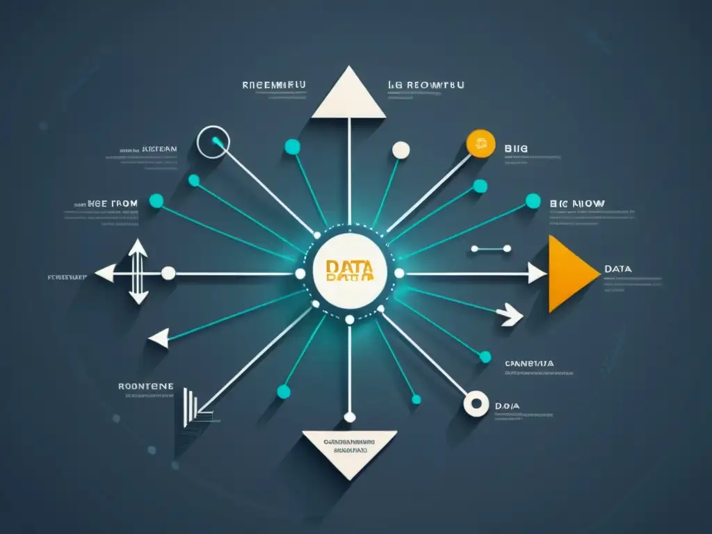 Compleja red de datos interconectados con flechas y líneas, representando sistemas de recomendación en Big Data