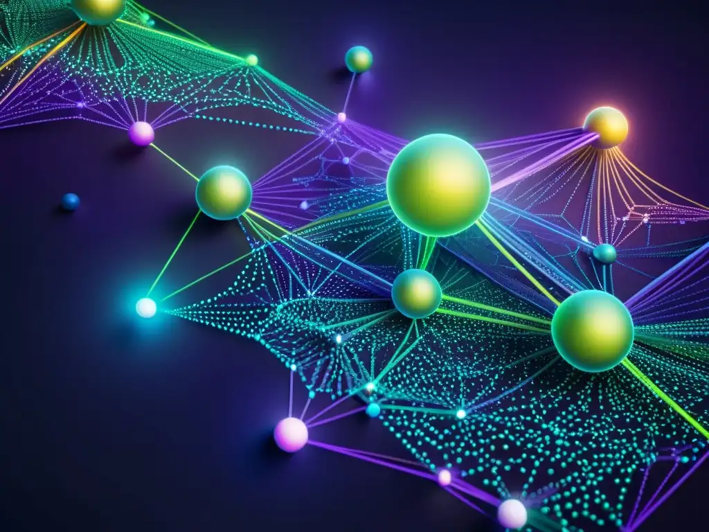 Compleja red de datos interconectados con esferas brillantes y líneas intrincadas, evocando el uso del Big Data en Artes Marciales Mixtas