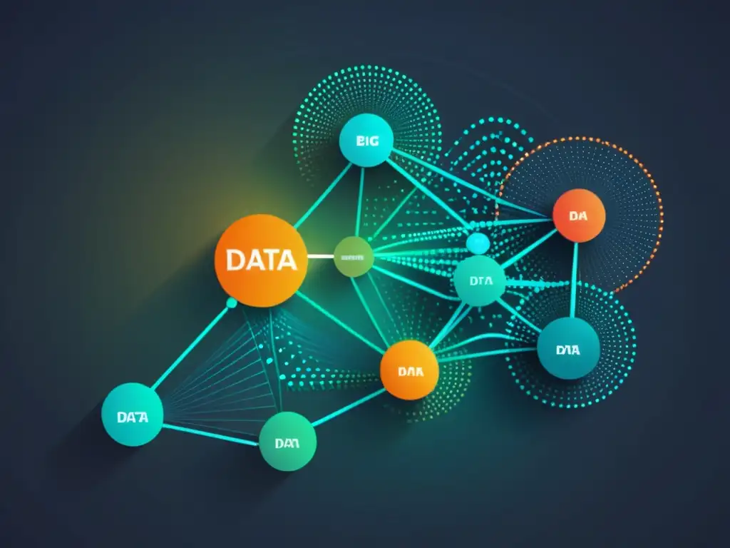 Compleja red de datos interconectados con vibrantes caminos de información, representando la optimización de flujos de trabajo Big Data