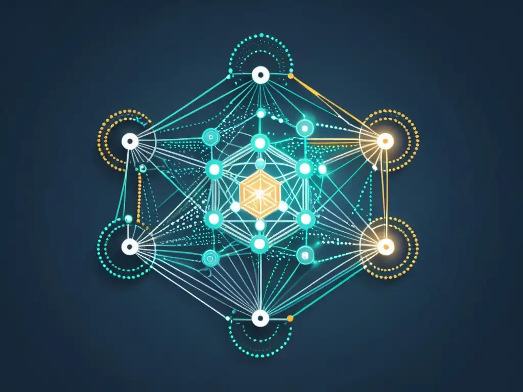 Compleja red de datos en ilustración minimalista con nodos y conexiones metálicas, transmitiendo protección de datos con criptografía en el siglo XXI