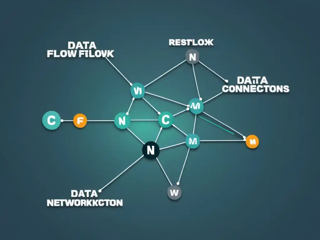 Compleja red de datos en una visualización minimalista, con nodos interconectados y líneas que representan el flujo de datos