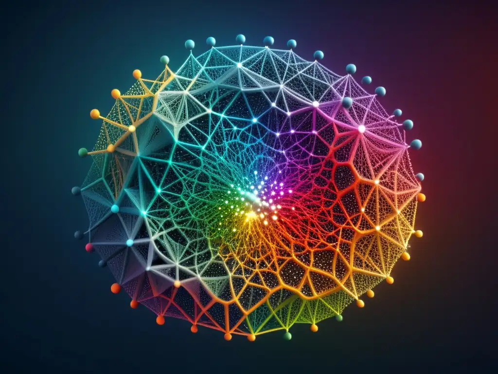 Compleja red de datos en visualización 8k, con nodos interconectados en patrones intrincados, mostrando técnicas visualización datos masivos