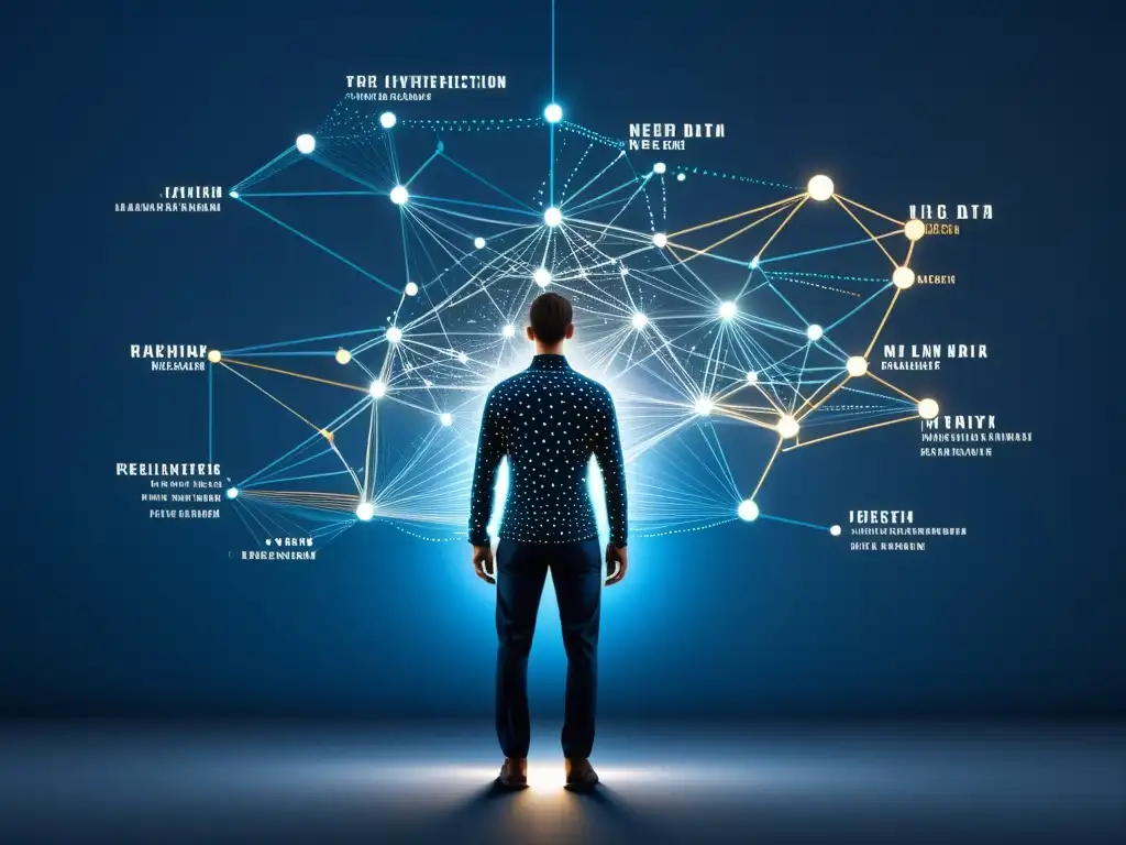 Compleja red de datos en tonos azules y metálicos, reflejando la influencia del Big Data en marketing