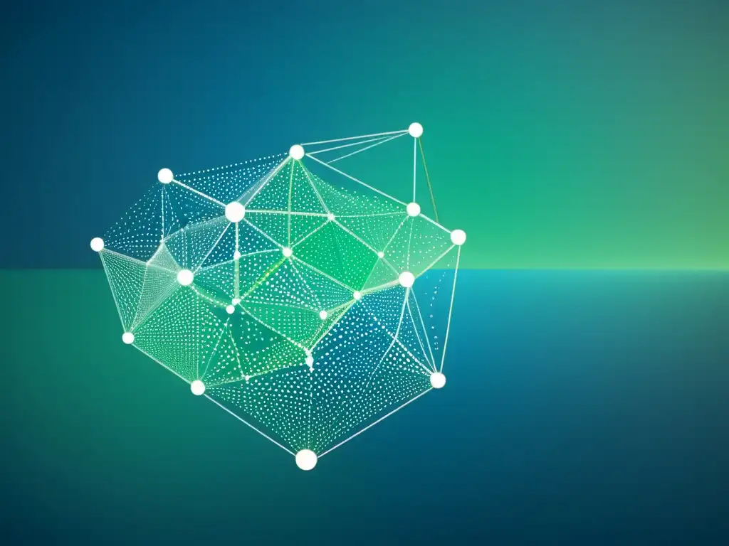 Compleja red de datos en tonos azules y verdes, con líneas translúcidas que forman una intrincada telaraña