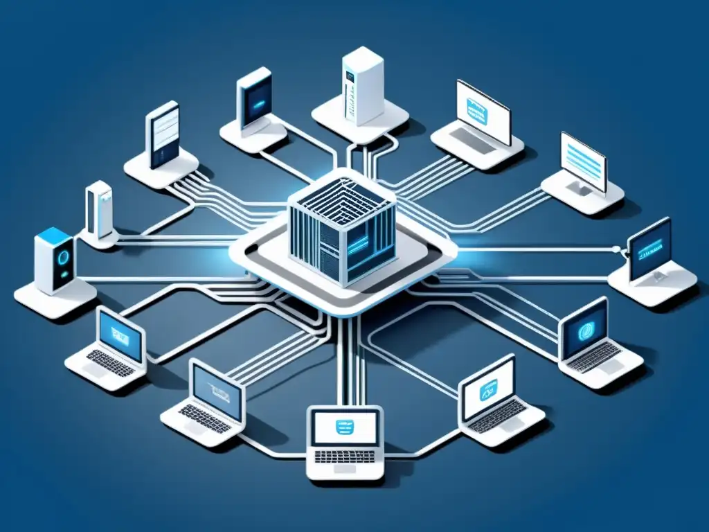 Compleja red de dispositivos y servidores conectados, en tonos azules y grises