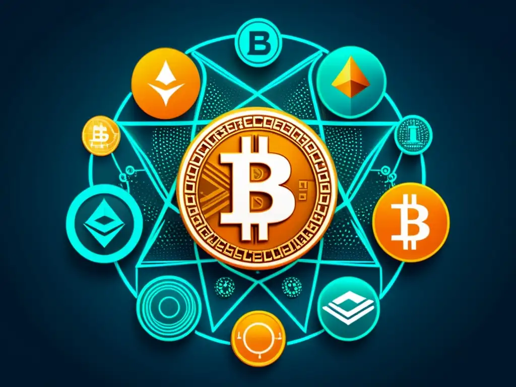 Compleja red de monedas digitales y símbolos de blockchain, representando la criptoeconomía y sus modelos económicos interconectados