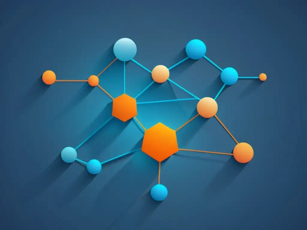 Compleja red neural con nodos y caminos interconectados en gradientes de azules a naranjas